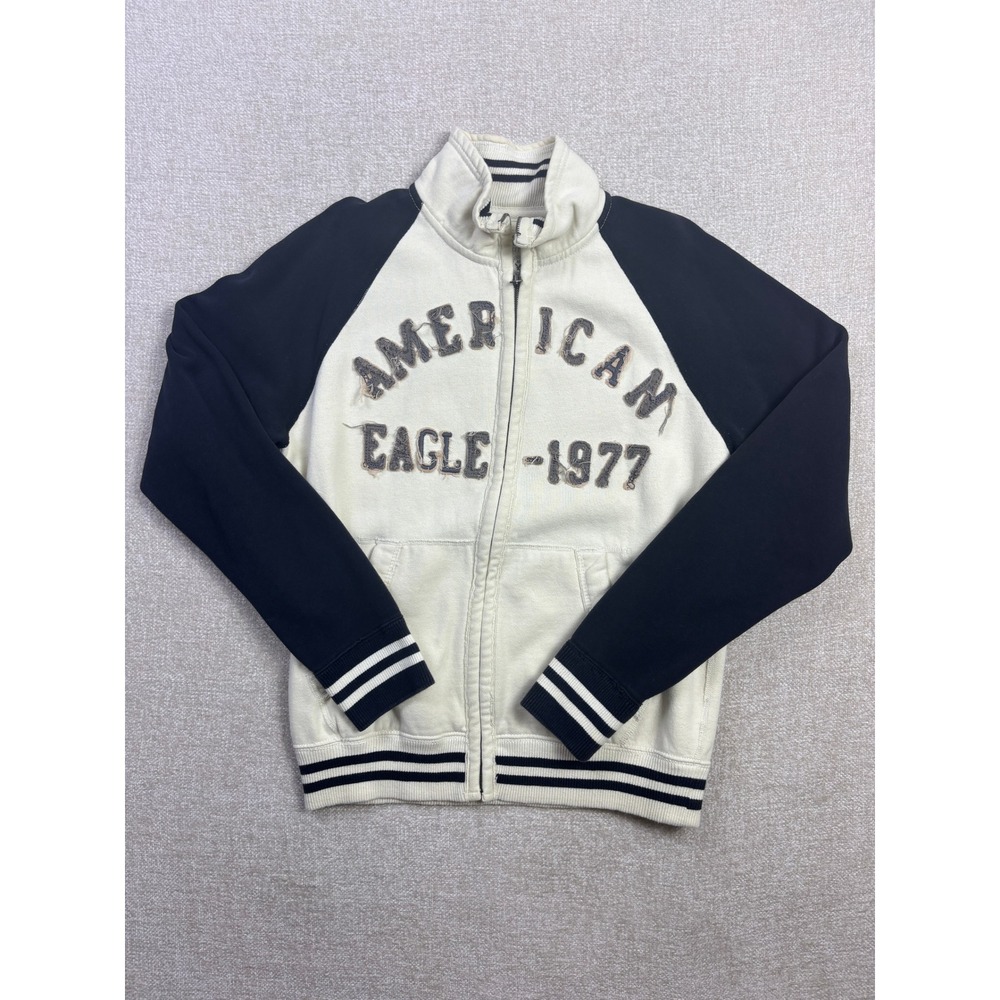 American Eagle Mens Full Zip Sweatshirt Medium Cream Blue Varsity Athletic Fit